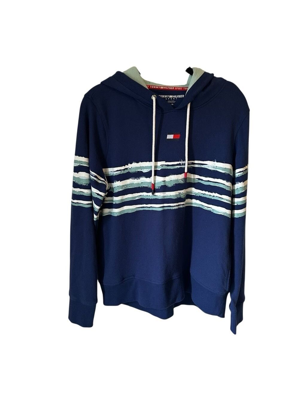 Tommy Hilfiger Sport Navy Blue Striped Logo Hooded Women’s Sweatshirt Large